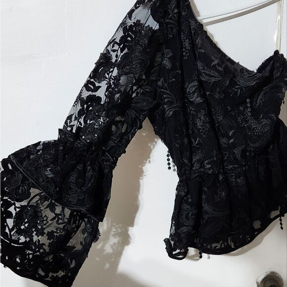 Cynthia Rowley Black lace Beatrix one shoulder ruffle sleeve blouse - Picture 4 of 8